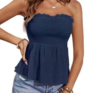 Navy Blue Strapless Ruffle Top